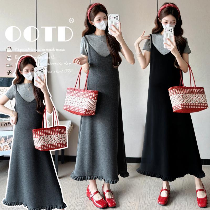 2026 Summer Korean Style Maternity 2-Piece Short-Sleeve Dress Set L