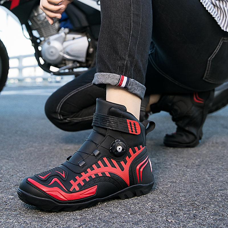 Unisex Leather Motorcycle Boots Large Size Rotation Button Anti -slip Anti -collision Competition Riding Shoes