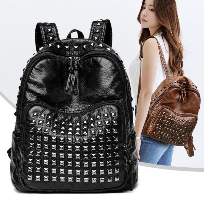 Sac à dos pour femme Style Punk Rivets 2026 Hiver Nouveau Cuir Souple de Haute Qualité Loisirs Voyage Grande Capacité Sacs d'École pour Adolescentes Noir Mochila