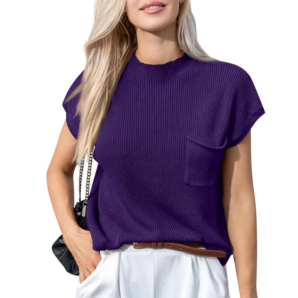 Women's Casual Fashion Sexy Color Comfortable And Breathable Round Neck Pullover Knitted Top With Pockets
