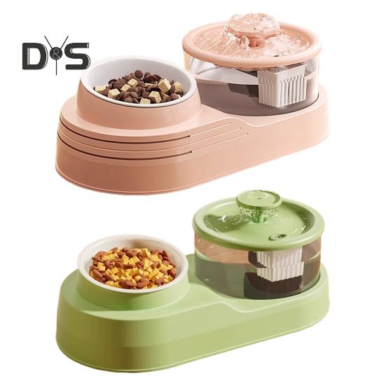 Cat Water And Food Dispenser 2-in-1 Automatic Cat Feeder 1L Cat Water Fountain And Food Bowl Set for Indoor Cats Small Dogs