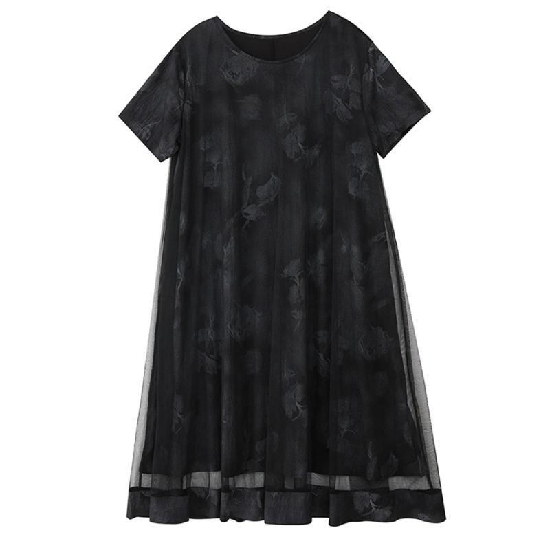 

XITAO O-neck Mesh Patchwork Print Dress HQQ2485 One Size чёрный