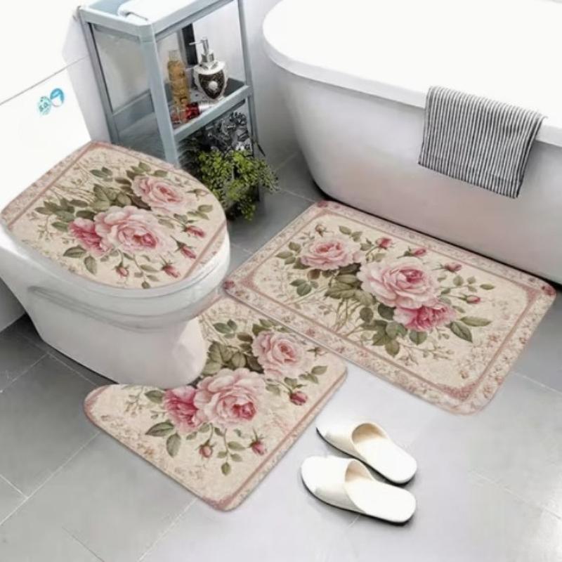 Set di Tappetini da Bagno Antiscivolo in Flanella Floreale Rosa Elegante 2D Piatto Ultra Assorbente Tappetino Decorativo per Pavimento da Cucina