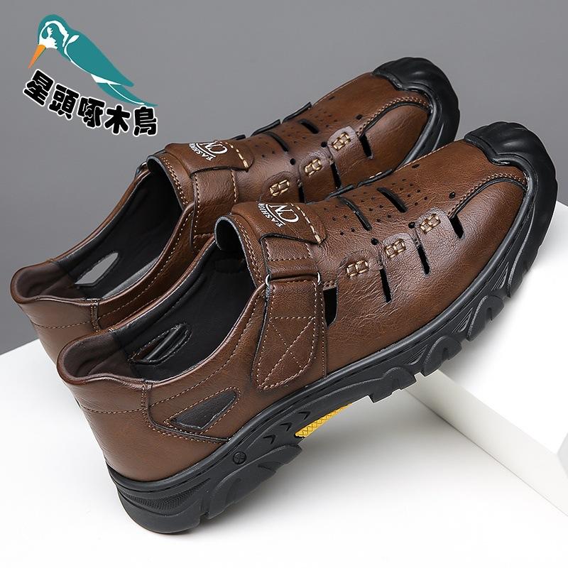 

Woodpecker men s shoes summer new casual hollow breathable hole sandals men s leather shoes 44