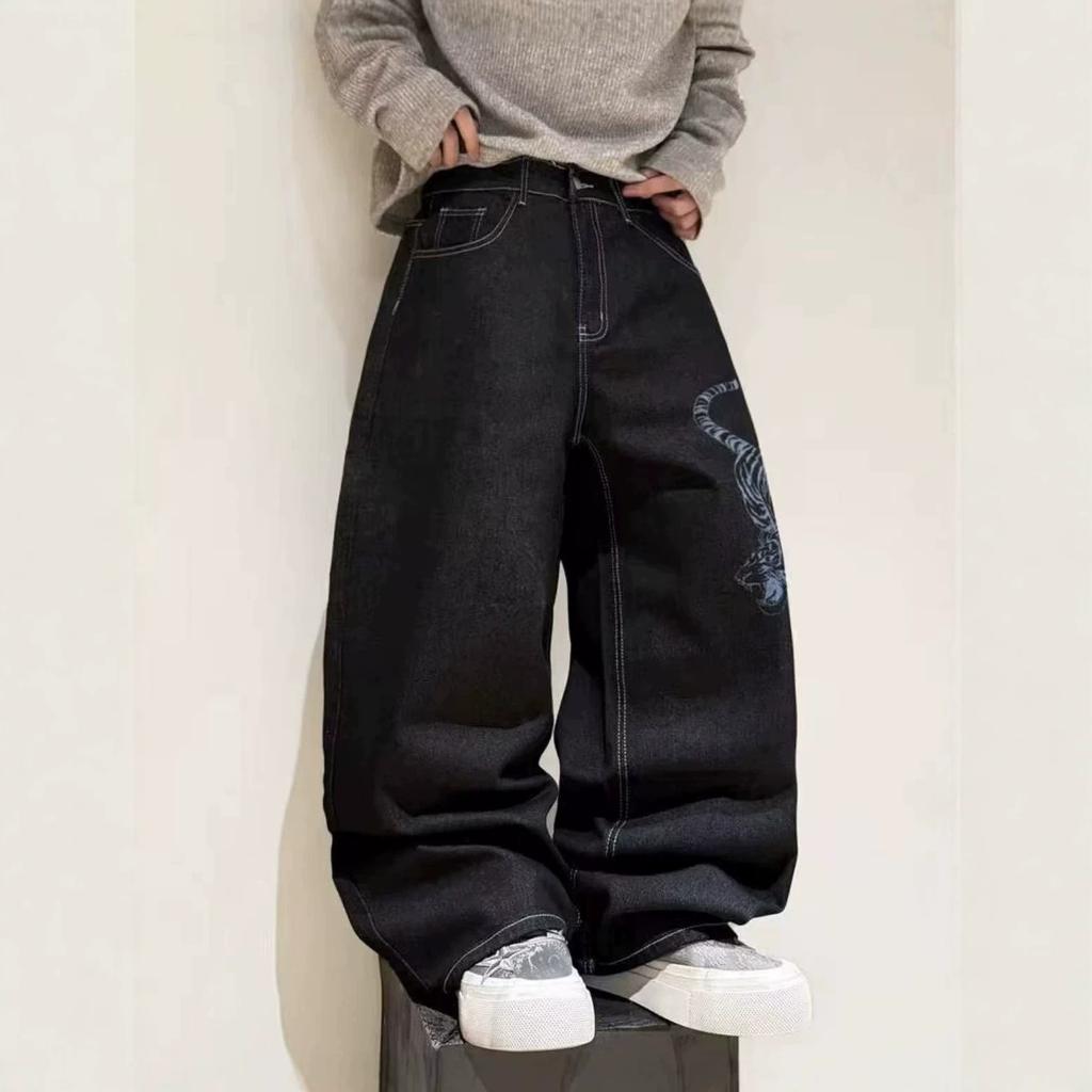 European and American Design Sense Printed Casual Trousers Street Trend Loose Wide-footed Jeans