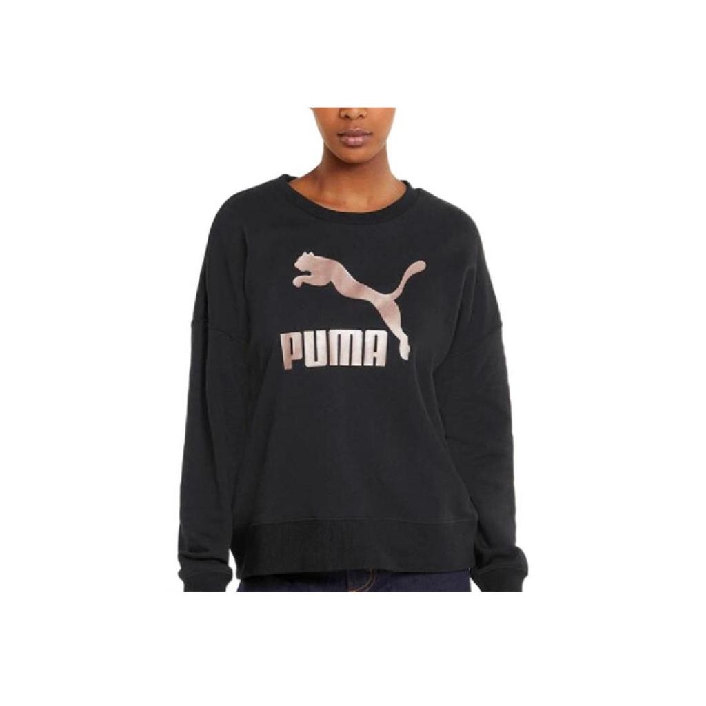 Puma Large Logo Print Crew Neck Sweatshirt Women Tops Black 535276-01
