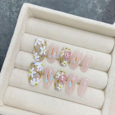 HANDMADE Artificial Nail 3D Hand Drawn Magnolia Flower Fresh Phototherapy Nails Fake Nails Reusable and Removable Nails