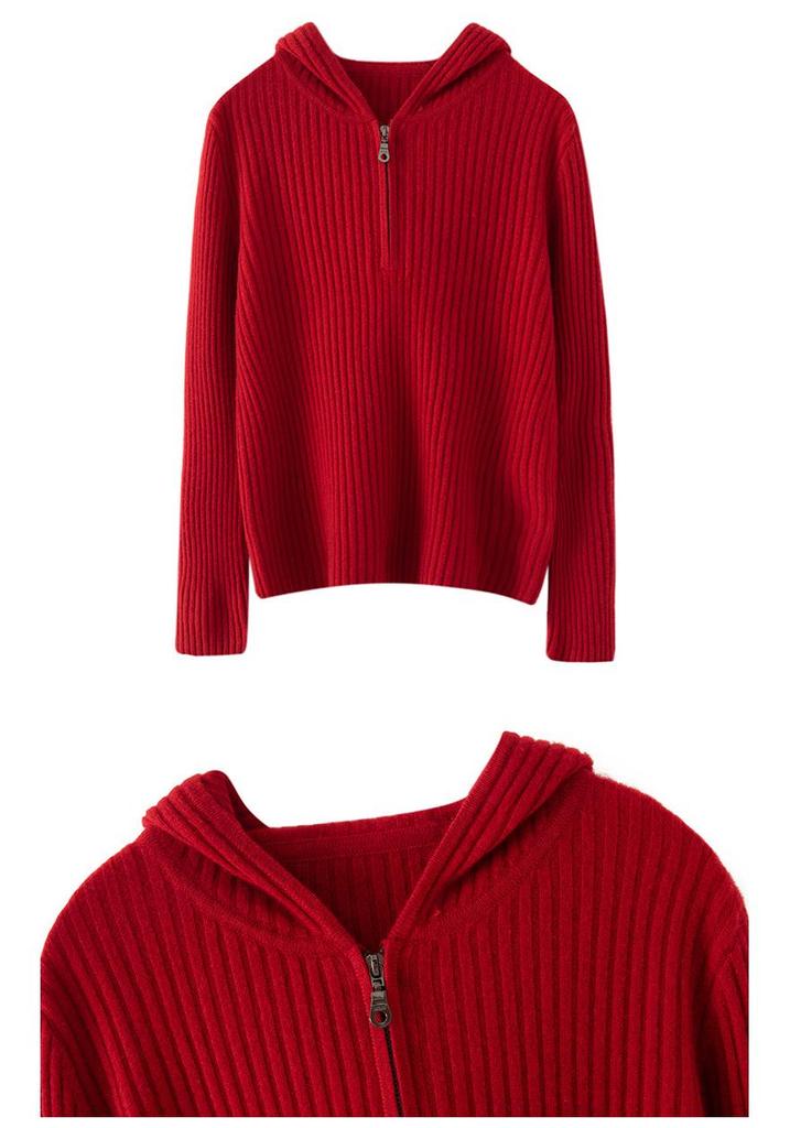 Women's 100% Pure Cashmere Ribbed Knit Hoodie Sweater - Autumn Winter Casual Wear