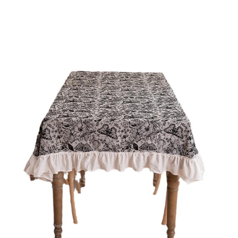 Retro Polyester Cotton Color Woven Jacquard Black And White Butterfly Pleated Lotus Leaf Edge Fringed Tablecloth Rectangular Coffee Table Tablecloth