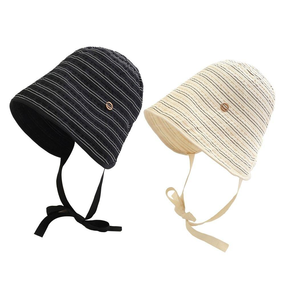 Wide Brim Women Striped Fisherman Hat Ribbon Bucket Hat Portable Sunscreen Visor Cap Girl
