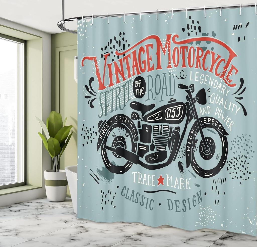 Vintage Motorrad Duschvorhang Klassisches Fahrrad Design Retro Kunst Leinen180X210