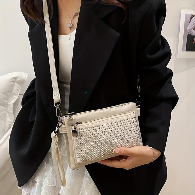 Rhinestone-Studded Shoulder Bags for Women Zip Closure Trendy Small Square Ladies Clutch Bag Small Crossbody Bags for Women