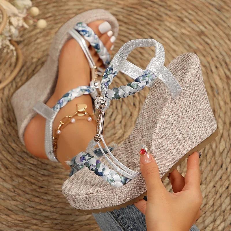 Fashion Plus Size Fashion Wedge Heel Sandals for Women Summer Bohemian Non Slip Beach Shoes Woman Braided Strap Chunky Platform Sandals
