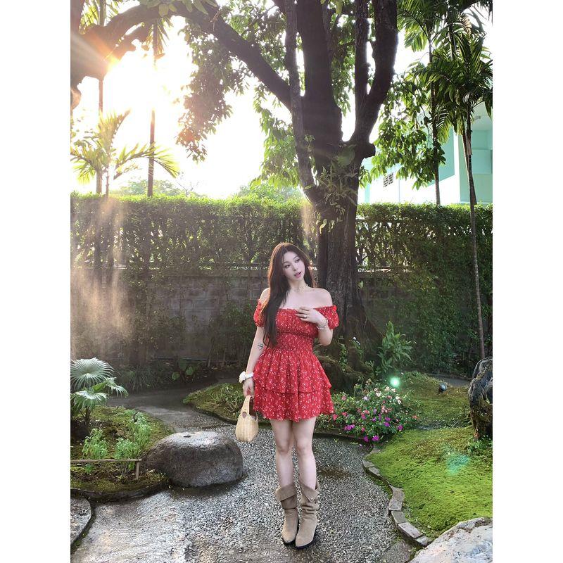 

Wild Spicy Ratio Sweetheart New Arrival Slightly Oversized Girls Tight Waist Square Collar Slim Backless Long and Short Floral Dress Women Red Short Style XL