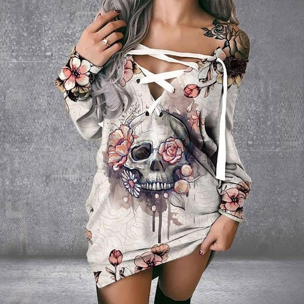 Women's Casual Fashion 2022 Lace-Up Strapless Halloween Print Mid-Length Sweatshirt Dress