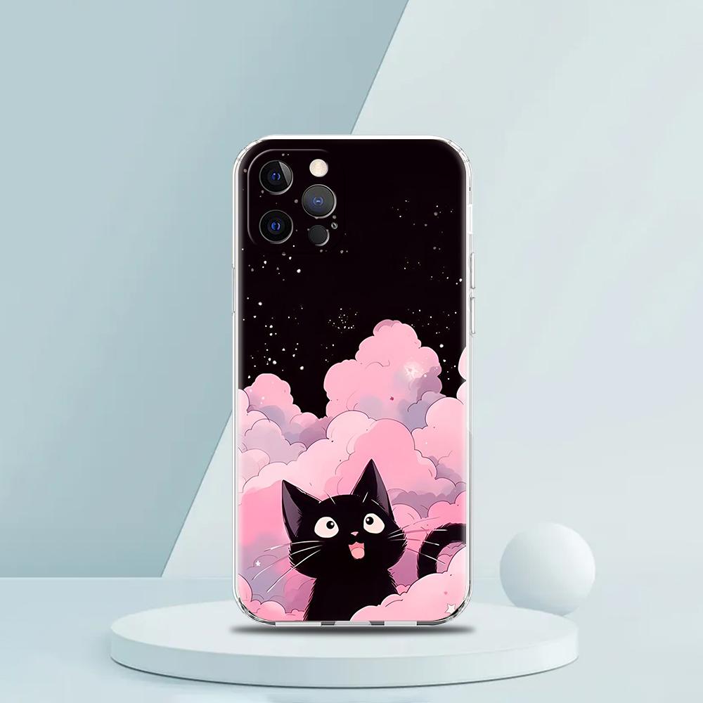 Cute Cartoon Black Cat Luxury Phone Case For iPhone 16 15 14 13 12 11 Pro Max XS X XR SE 7 8 Plus Soft Silicone Clear Cover