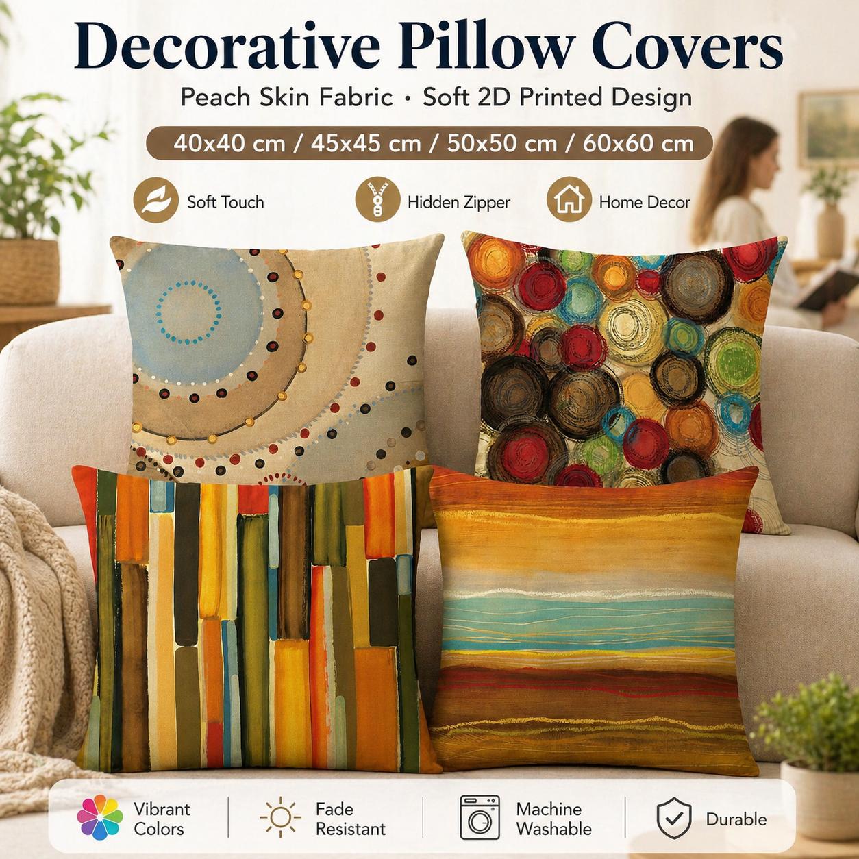 Tinika Chen Unisex Peach Colorful Circle Geometric Skin Pillowcase 2D Flat Printed Retro Cushion Cover For Couch Bedroom Aesthetic Room Decor 45X45