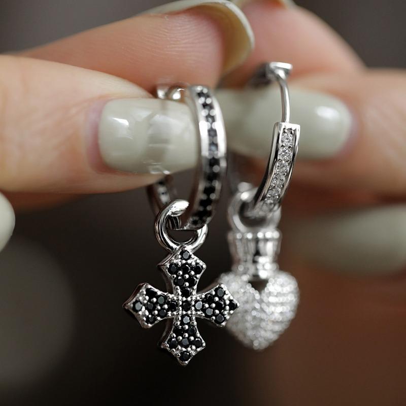 1PAIR asymmetrical sparkling cross crown heart earrings for women, niche design fashionable high-end diamond-studded earrings, earrings