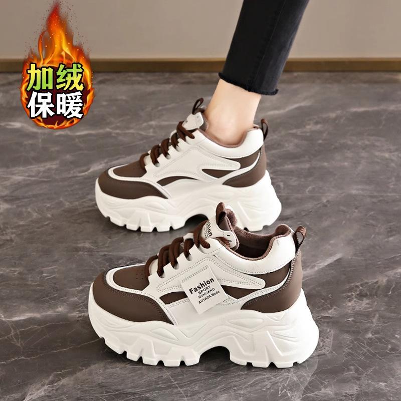 Women's shoes autumn and winter platform dad shoes small inner height increase velvet cotton shoes leather surface casual sports