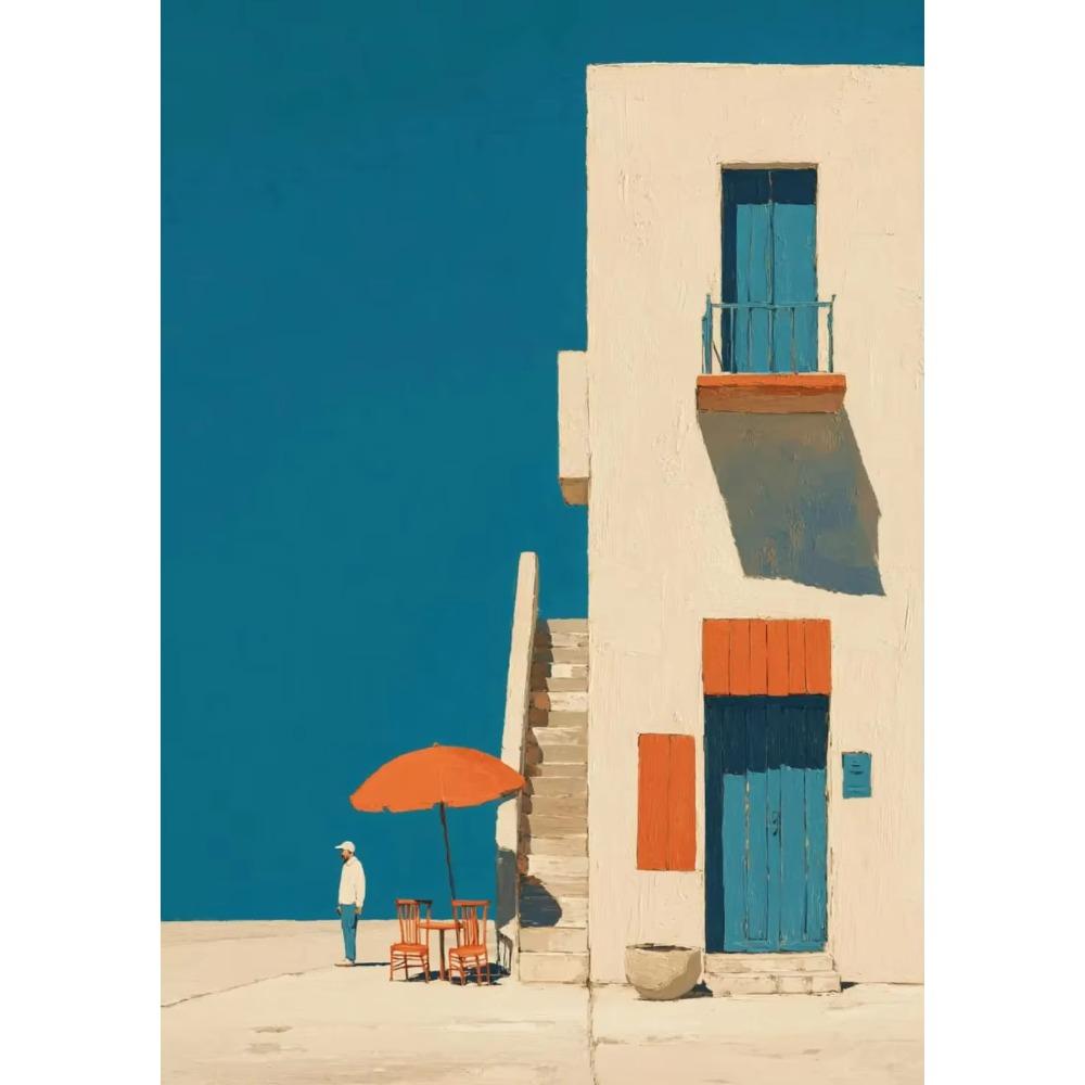 Mediterrane Landschaft Kräftiges Orange Blau Gebäude Küstenblau Sommer Poster Leinwandbild Druck Wandbilder Zuhause