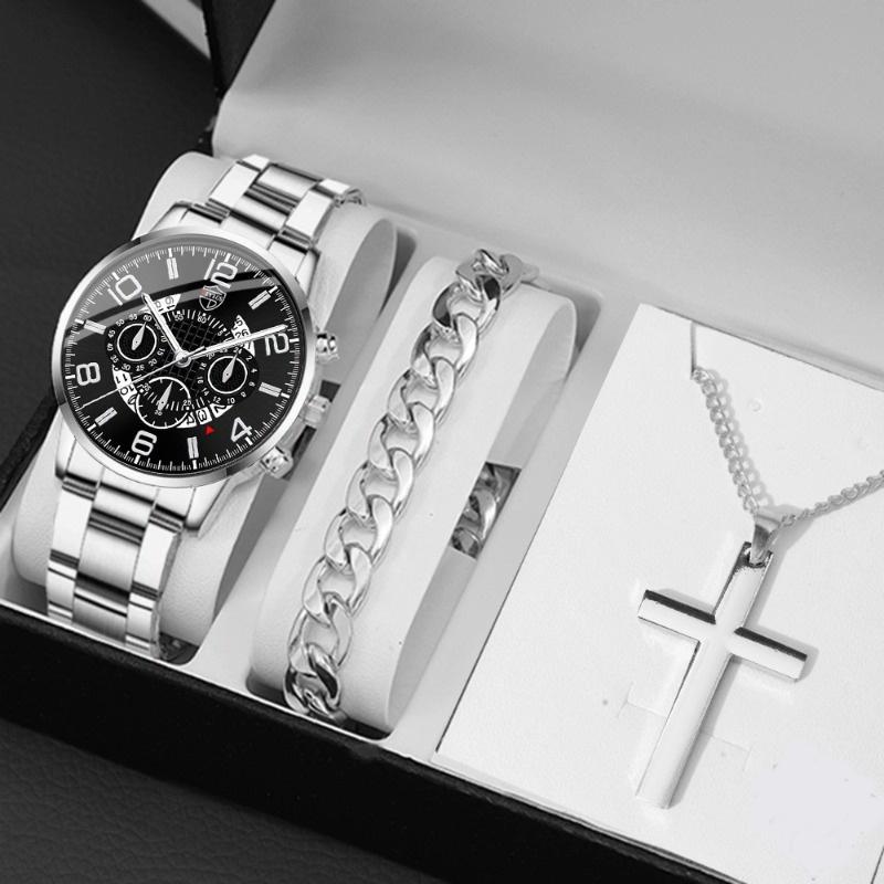 3-teiliges Set Luxus Business Herren Goldene Armbanduhr Edelstahl Datumszeiger Quarz Armbanduhr für Herren & Armband Halskette