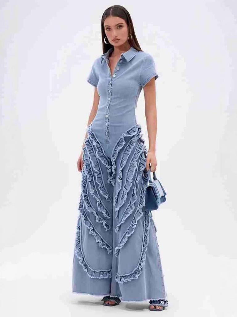 2025 European & American Women's Denim Jumpsuit: Short Sleeve, Lace-Up, Wide-Leg Jeans
