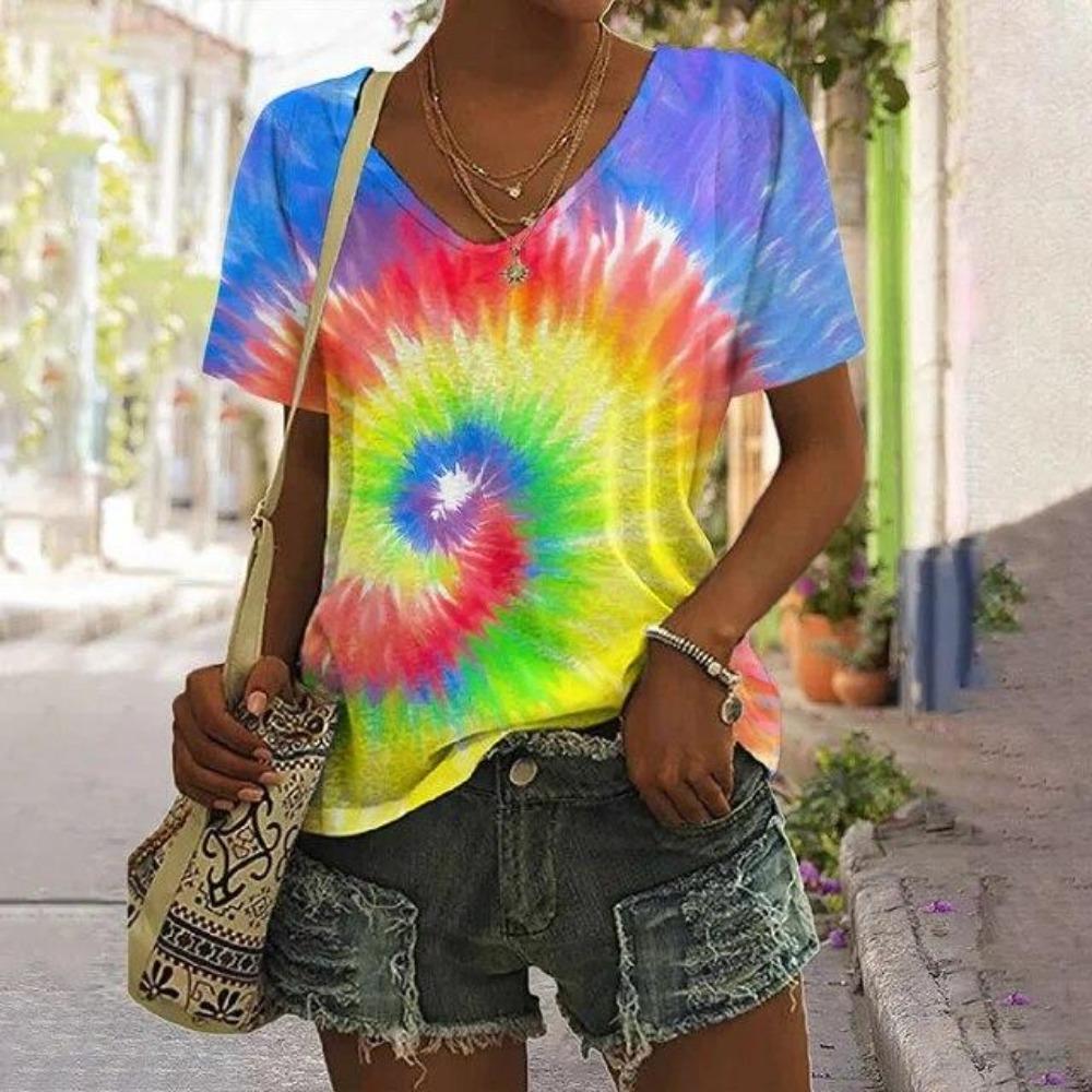 Camisetas Vintage Tie Dye de Verano Estampado 3D Moda Mujer Cuello en V Manga Corta Camiseta Y2K Camisetas Casuales Harajuku Tops Ropa Femenina