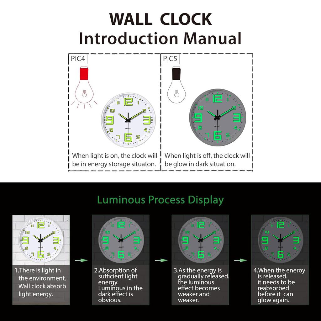 Modern Luminous Plastic Glass Wall Clock, 8-16 Inch Modern Round Silent Luminous Wall Clock, Powered by AA Batteries, Suitable F