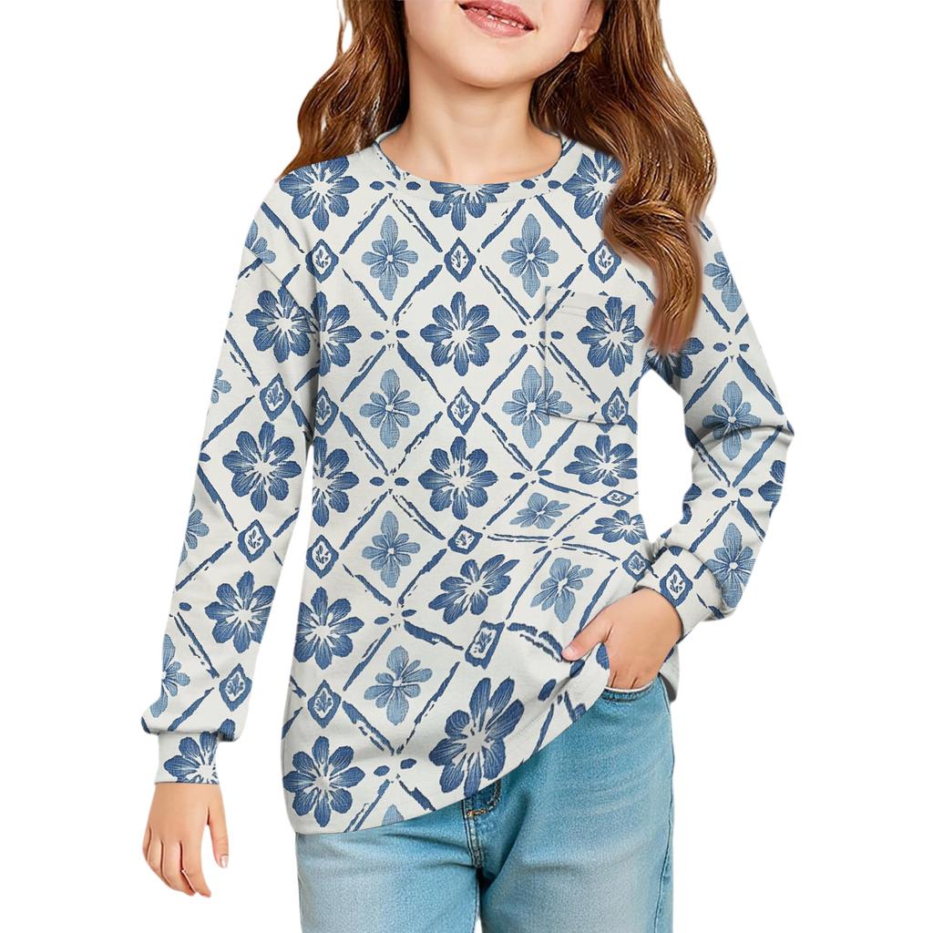 Girls' Long Sleeve Blouse - Round Neck Soft Waist Tunic