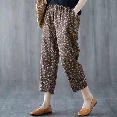 Summer Cotton and Hemp Printed Size 7 Large Loose Casual Haren Pants for Women Floral Blossoms Show Temperament Straight Leg Pants