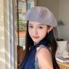 Korean Style Rabbit Ears Octagonal Hat Big Head Circumference Women Artist Hat Plaid Beret  Ladies