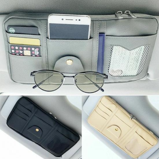 Car Sun Visor Organizer Pouch Bag Muti Pocket Card Faux Leather Storage Holder