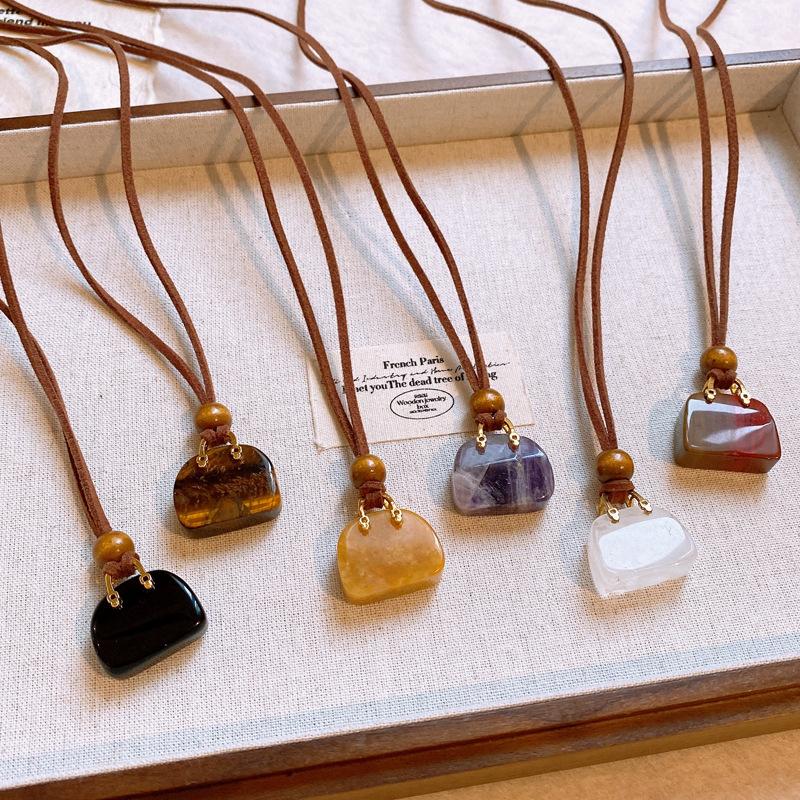 Korean fleece rope color artificial tiger's eye stone bag necklace niche design sweater chain retro necklace