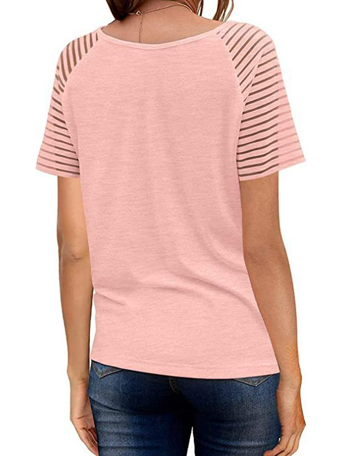Women's European & American Summer V-neck Mesh Solid Short Sleeve Casual Loose T-shirt (2021)