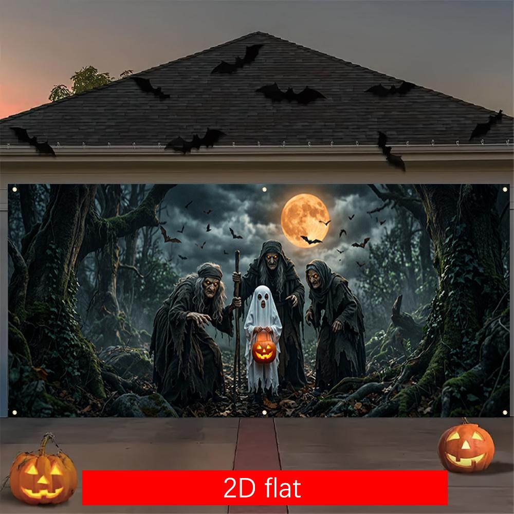 2D Flat Banner 1PC Large Garage Banner - Polyester Material - Multi-size Banner Halloween Three Old Witches Jungle Collection