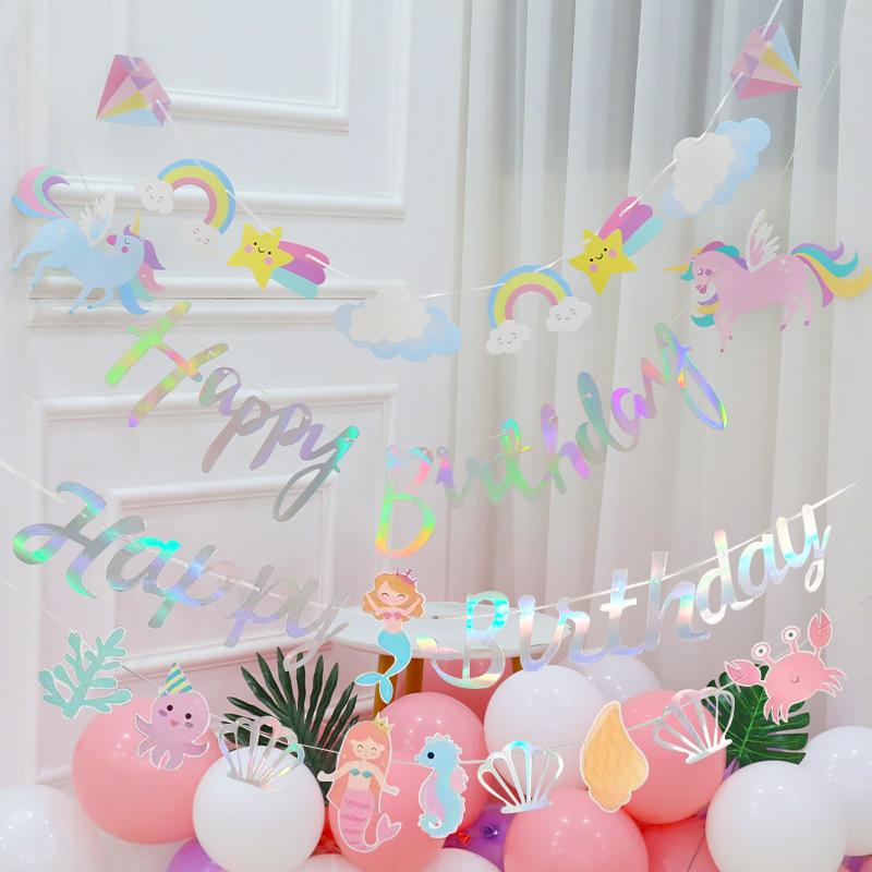 1Set New Unicorn Vibrant Multi-Colored Letter Flag Lovely Mermaid Flag Paper Happy Birthday Children'S Decorative Background Supplies