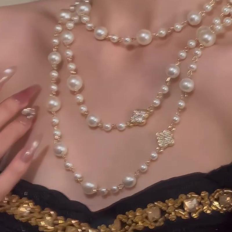 Baroque Diamond Flower Layer Pearl Beaded Necklace French Elegant Temperament Sweater Chain Neck Chain Women