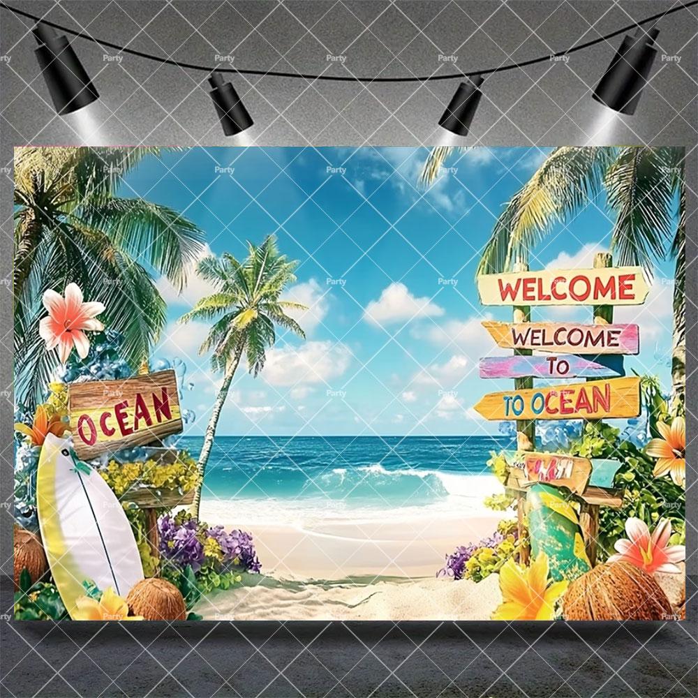 Hawaiian Tropical Summer Beach Background with Flamencos, Flowers, Aloha, Luau, Surfboard, for Parties, Photographic Studio Decoration