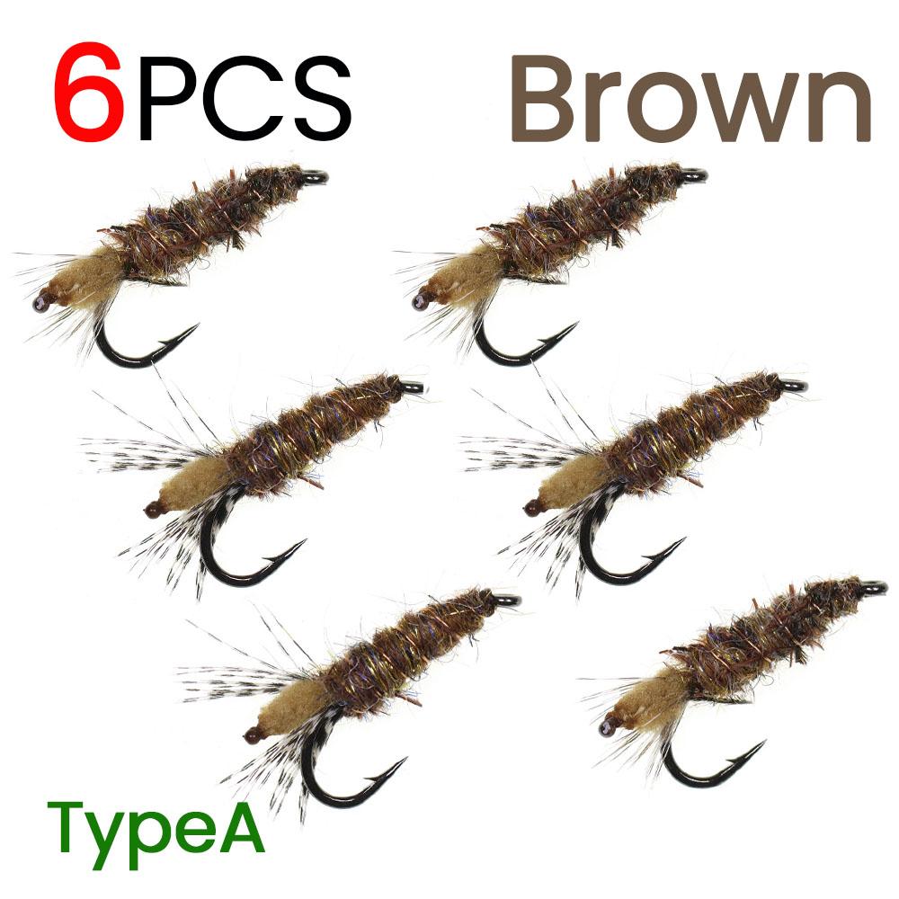 6 Stück #12 Widerhaken Hasenohr & Hirschhaar Dubbing Köcherfliegenlarve Nymphenfliegen mit 3,2mm Messingkopf Forelle Barsch Steelhead Angelköder