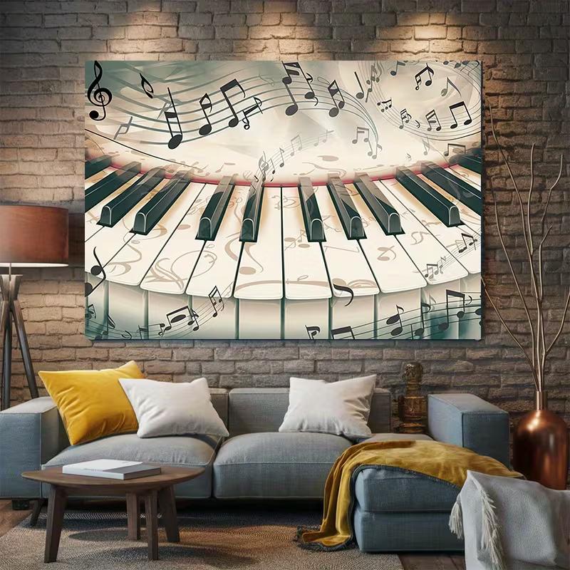 Melodic Piano Tapestry, Whimsical Scene of Piano Keys with Swirling Musical Notes, Artistic Music-Themed Wall Art