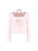 Pink Patchwork Square Neck Long Sleeve Slim Fit T-Shirt for Women - Autumn/Winter Style