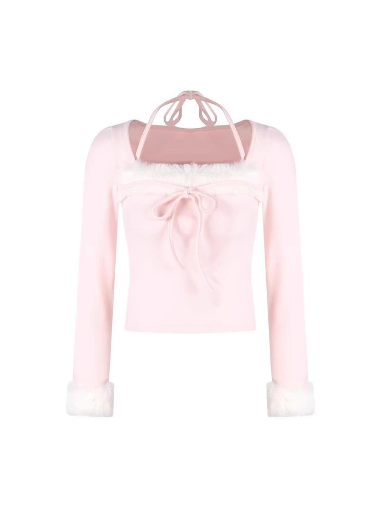 Pink Patchwork Square Neck Long Sleeve Slim Fit T-Shirt for Women - Autumn/Winter Style