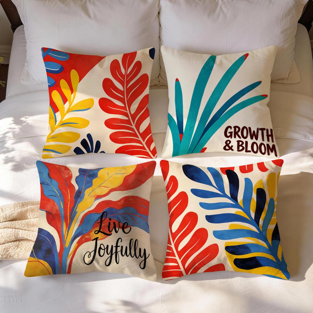 4 Pcs Bohemian Abstract Plants Single-Sided Printed Pillowcase Cushion Cover,Suitable For Living Room,Bedroom,Car Decoration