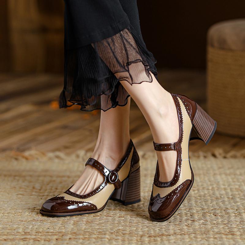 Móda 2025 Nové lakované boty Mary Jane Dámské LEŽÉRNÍ S přezkou Mělké lodičky Čtvercová špička Boty na silném podpatku Žena Zapatos De Mujer