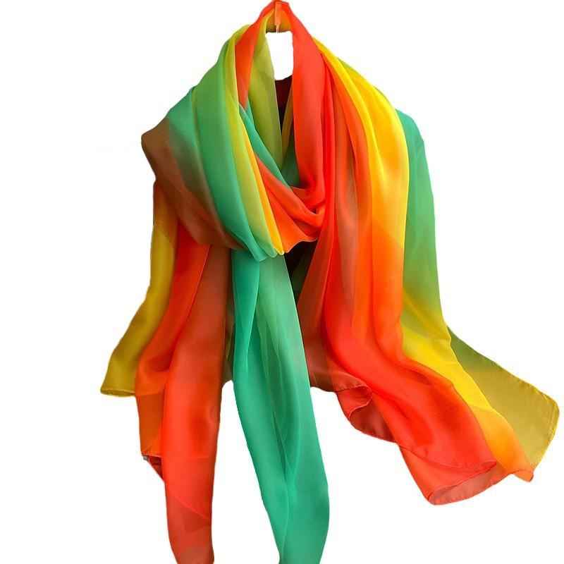 Rainbow color simulation silk Yourou yarn women's commuting light luxury fashion temperament large size sun protection gorgeous scarf silk scarf