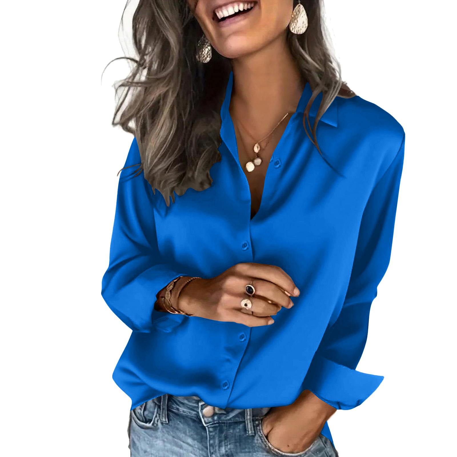

Women s Fashion Casual Color Split Button Long Sleeve Shirt Top XXL синий