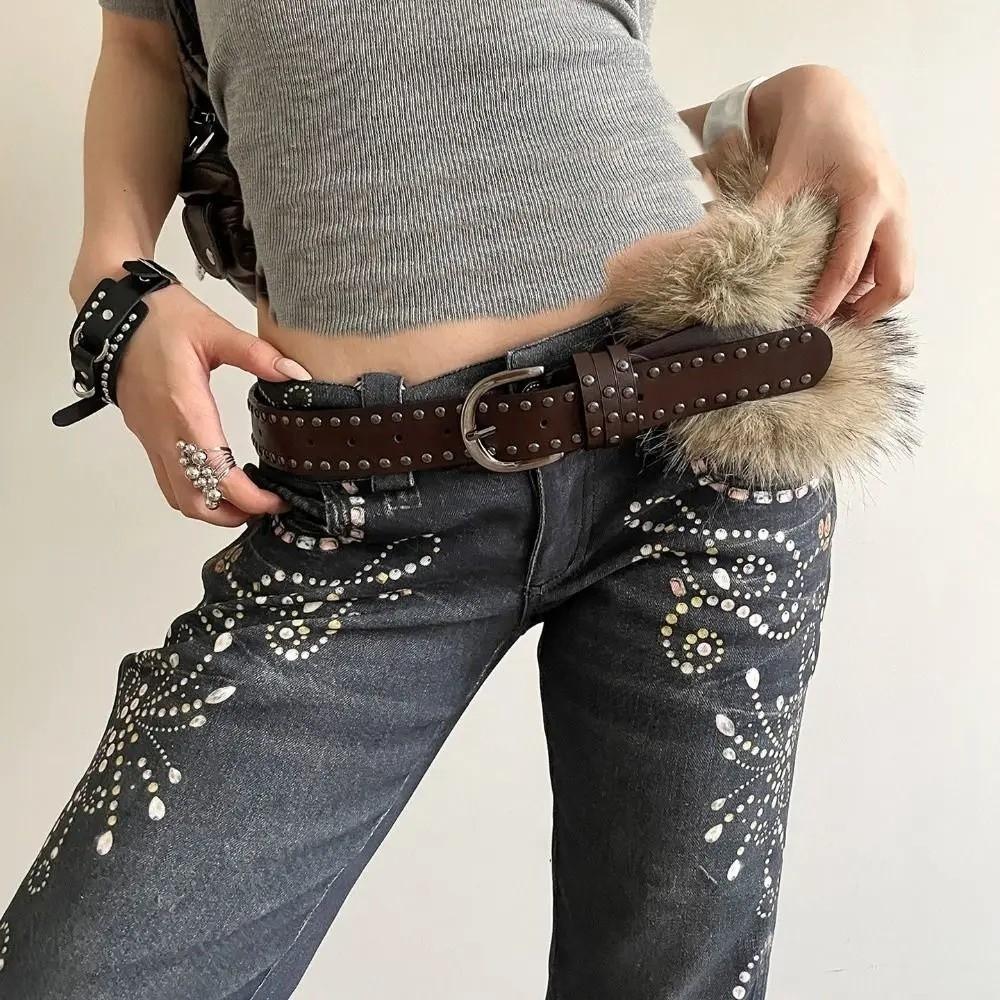 Fashion Y2K Waist Belts Rivet Decoration Adjustable Furry Waistband Leather Belt