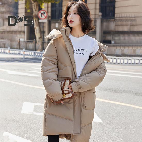 Winter Down Coat Neck Protection Stand Collar Padded Hooded with Pockets Zip-up Parka Windproof Heat Retention Daily Cold Weather Outwear Cotton
