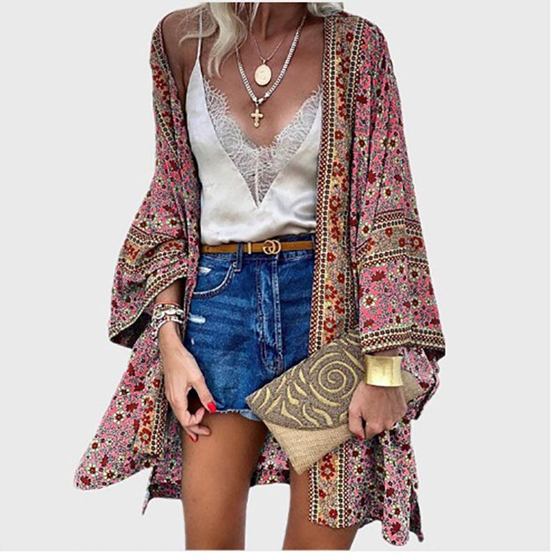 Summer Bohemian Casual Cloak Cardigan for Swimsuit Woman Beach Swimwear Tops Long Sleeved Shawl Chiffon Shirt