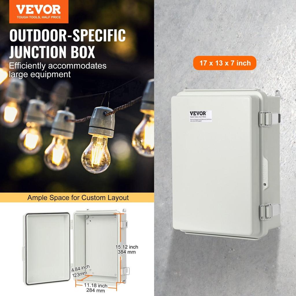 Outdoor Electrical Junction Box, 16.93 x 12.99 x 7.09 in, ABS Plastic Electrical Enclosure Box with Hinged Cover Stainless Steel Latch, IP67 Dustproof